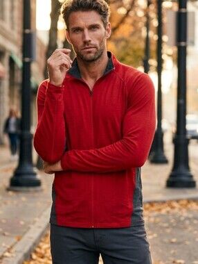 ibex Red And Gray Lightweight 100% Merino Wool Full-Zip Performance Jacket